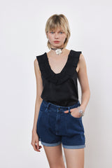 ⛵️Spring/Summer 2025 - Helena- Ruffle-Trim Sleeveless Top- Black satin