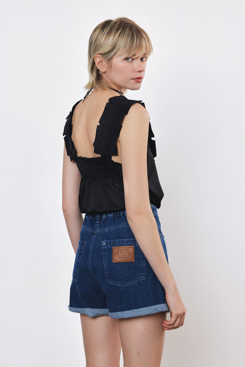 ⛵️Spring/Summer 2025 - Helena- Ruffle-Trim Sleeveless Top- Black satin