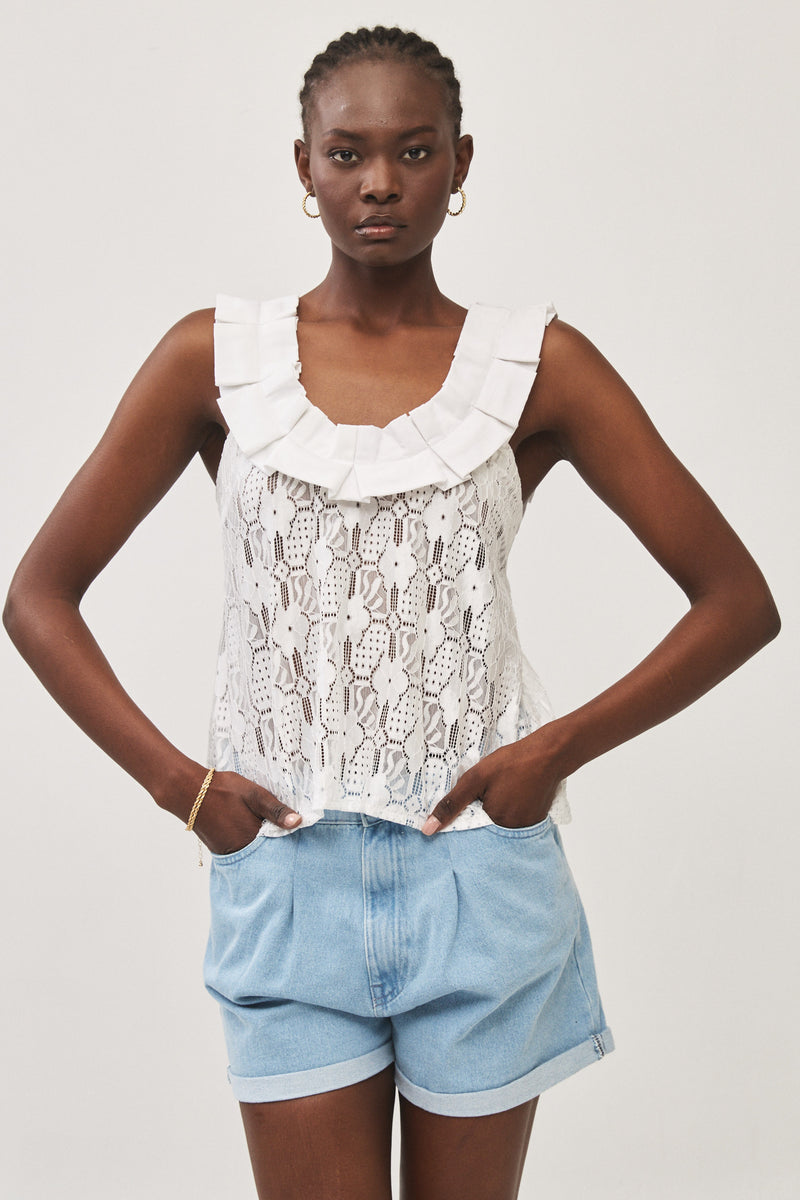 ⛵️Spring/Summer 2025 - Helena- Ruffle-Trim Sleeveless Top- White lace