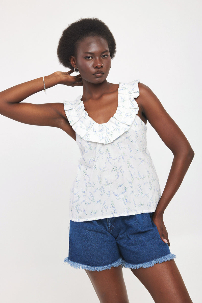 ⛵️Spring/Summer 2025 - Helena- Ruffle-Trim Sleeveless Top- White lavender