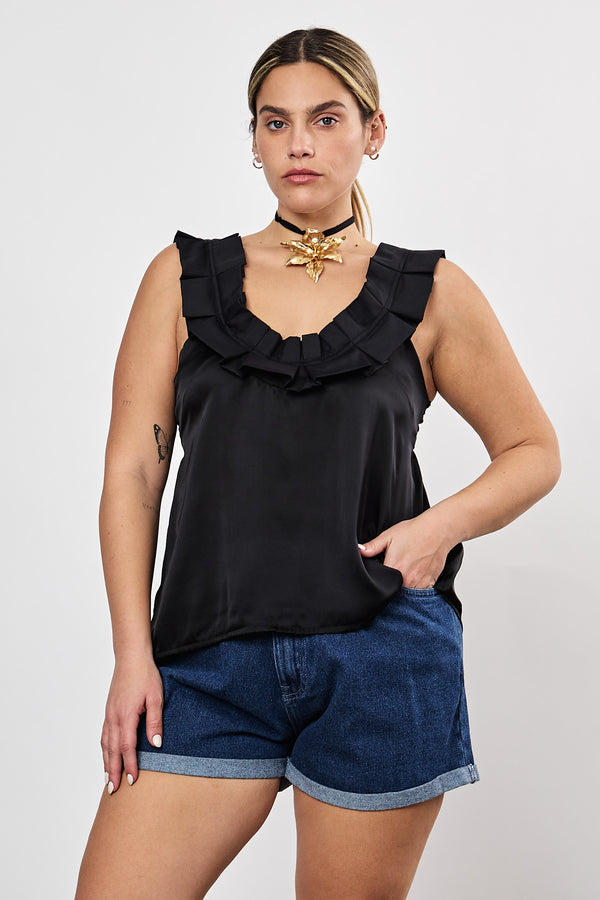 ⛵️Spring/Summer 2025 - Helena- Ruffle-Trim Sleeveless Top- Black satin