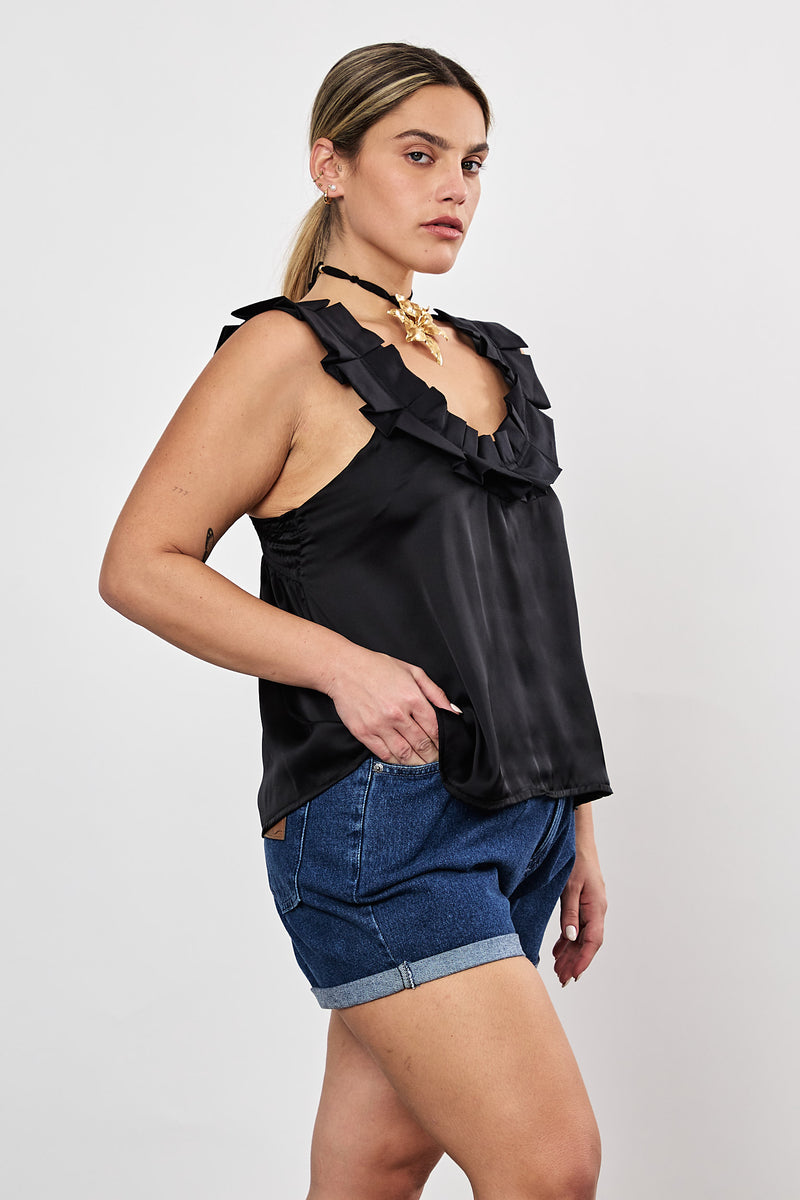 ⛵️Spring/Summer 2025 - Helena- Ruffle-Trim Sleeveless Top- Black satin