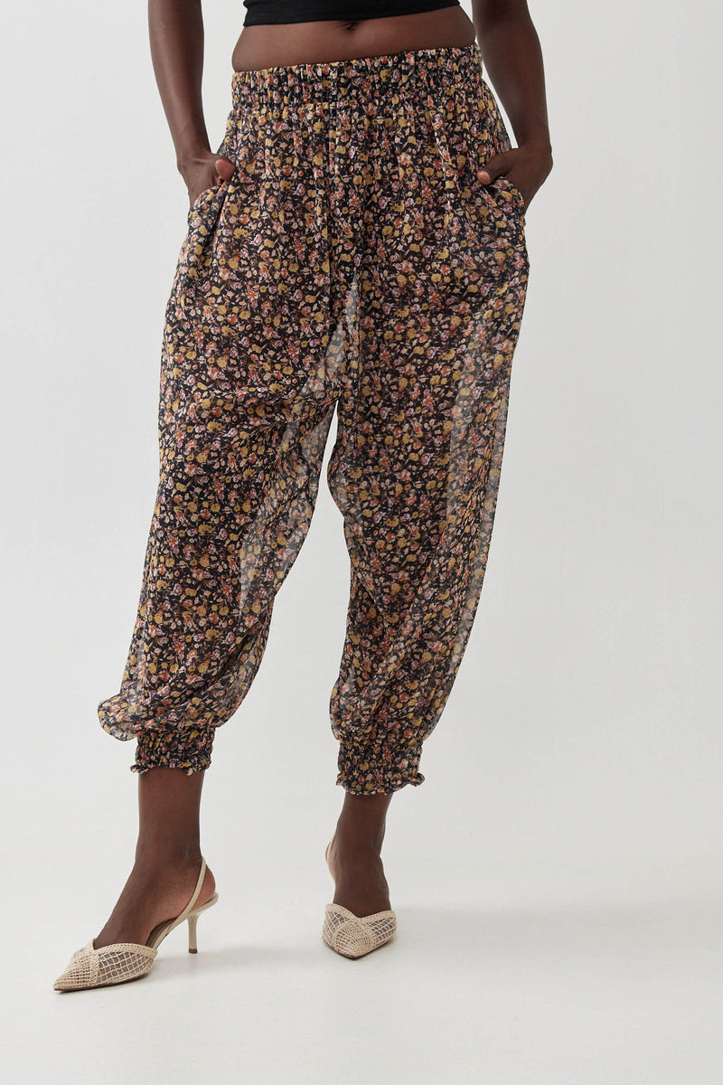 🧦 Autumn/Winter 2025/2026 - Balloon Harem Pants- Black sheer with Colorful flowers