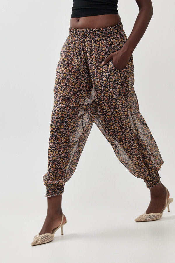 🧦 Autumn/Winter 2025/2026 - Balloon Harem Pants- Black sheer with Colorful flowers