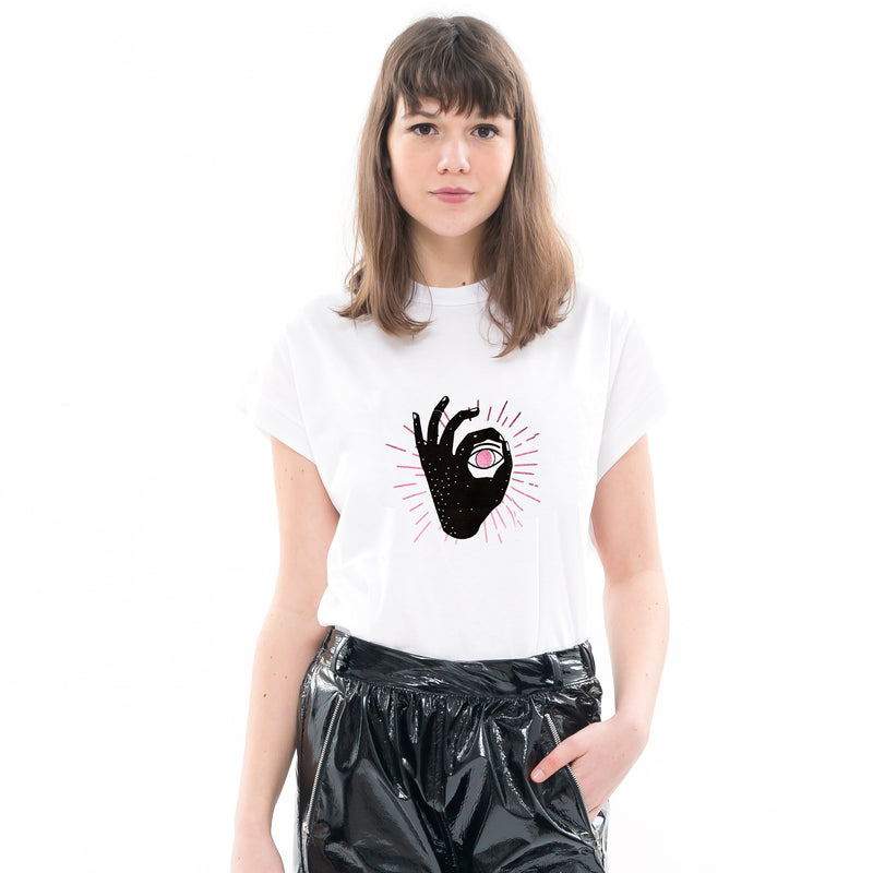 T Shirt With Hand and Eye Foil Print In Pink